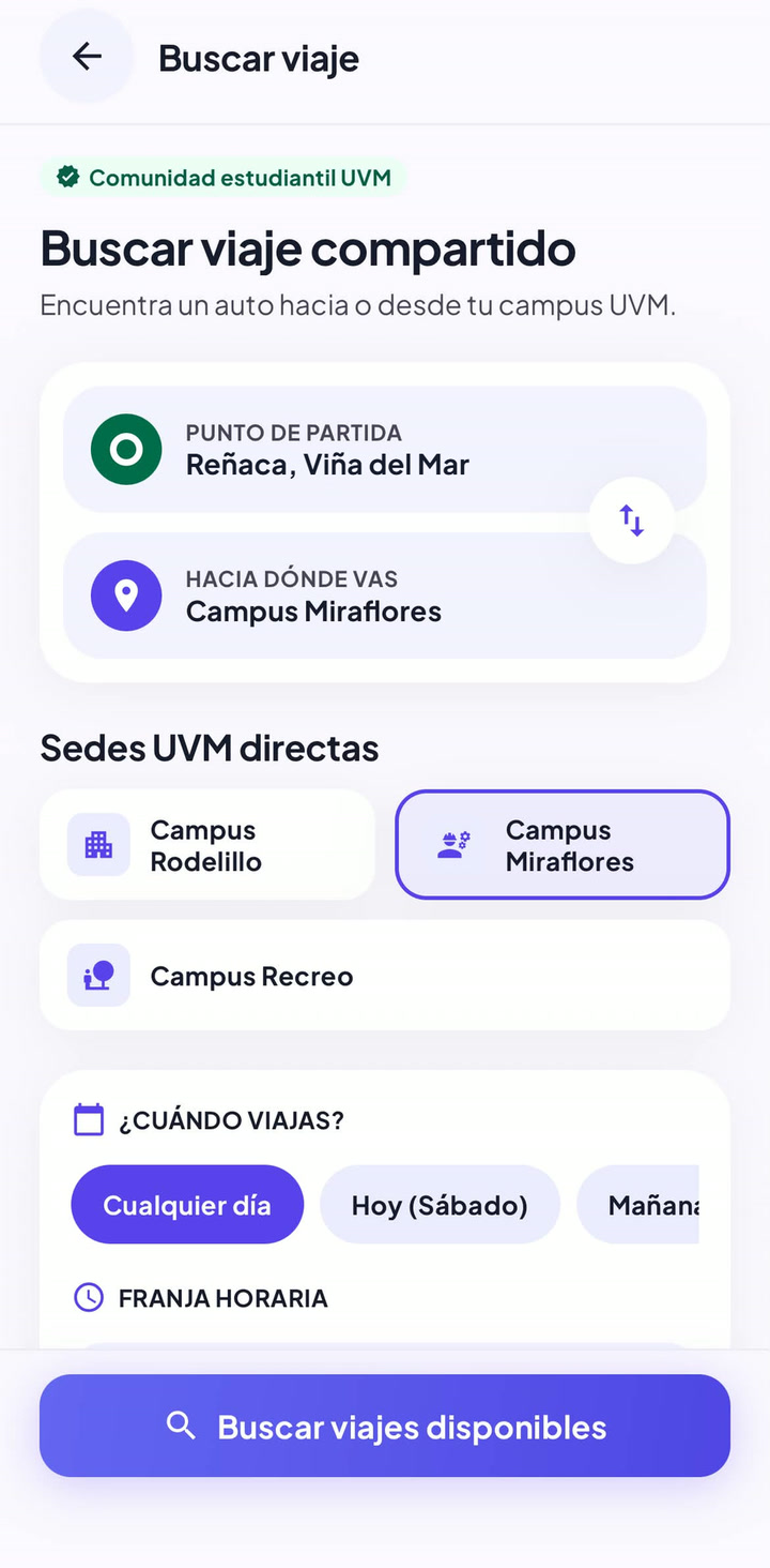 Pantalla Buscar viaje de la app, con origen Reñaca y destino Campus Miraflores