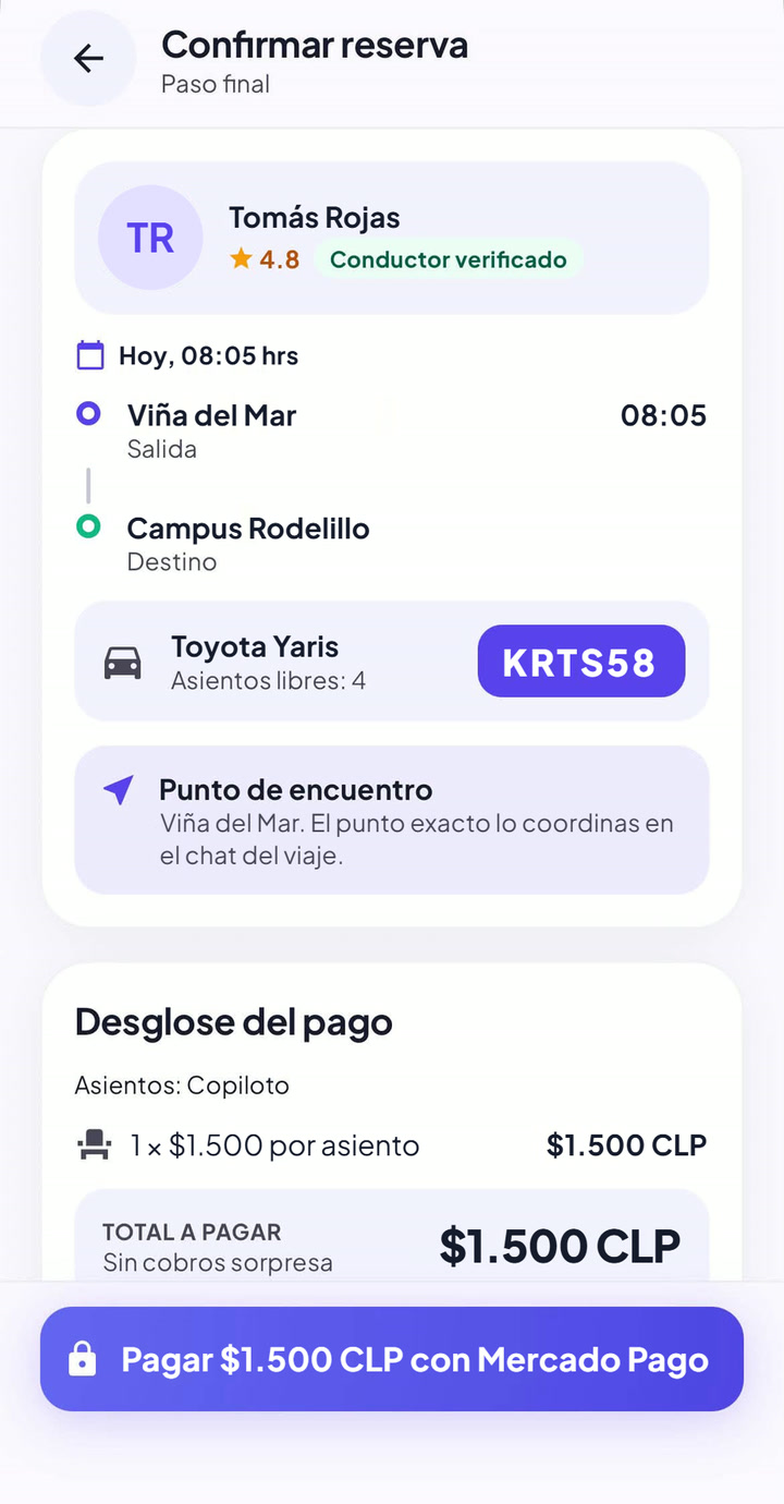 Pantalla Confirmar reserva: viaje de Viña del Mar a Campus Rodelillo a las 08:05 por $1.500
